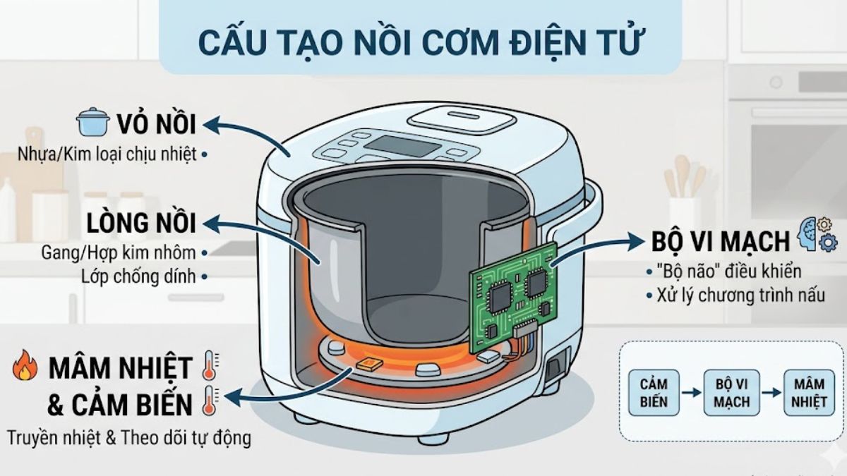 Tìm hiểu cấu tạo nồi cơm điện và nguyên lý hoạt động kèm phân loại 3 Các dòng nồi cơm điện tử được tích hợp chip vi xử lý Microcomputer cùng với cảm biến nhiệt chính xác (Nguồn ảnh: internet)