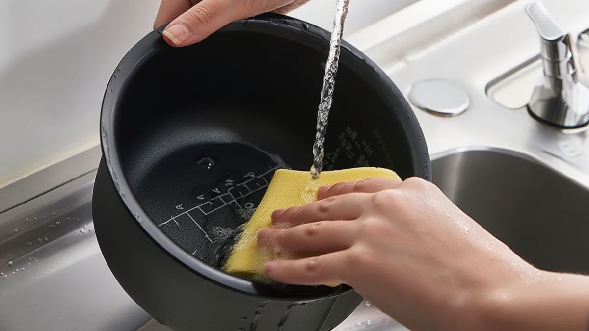 Cách vệ sinh nồi cơm điện sạch, hết mùi, bền lâu 3 Vệ sinh lòng nồi cơm điện đúng cách (Nguồn: Internet)