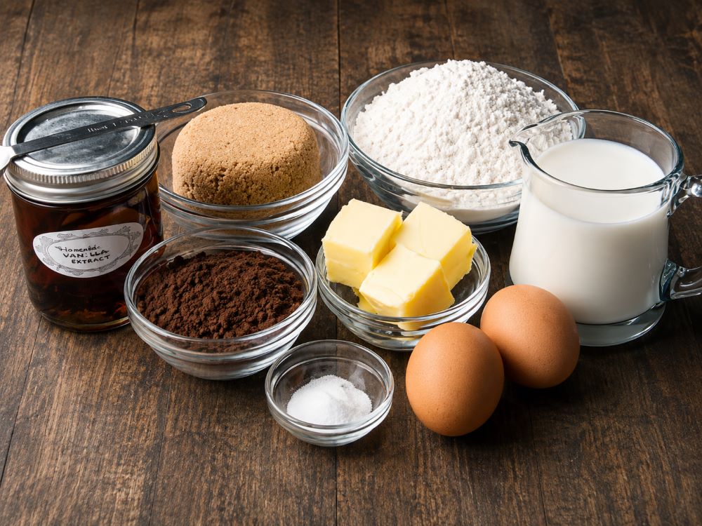 Nguyên liệu làm bánh mì bằng nồi cơm điện gồm bột mì, sữa, trứng và men nở (Nguồn: Internet) 