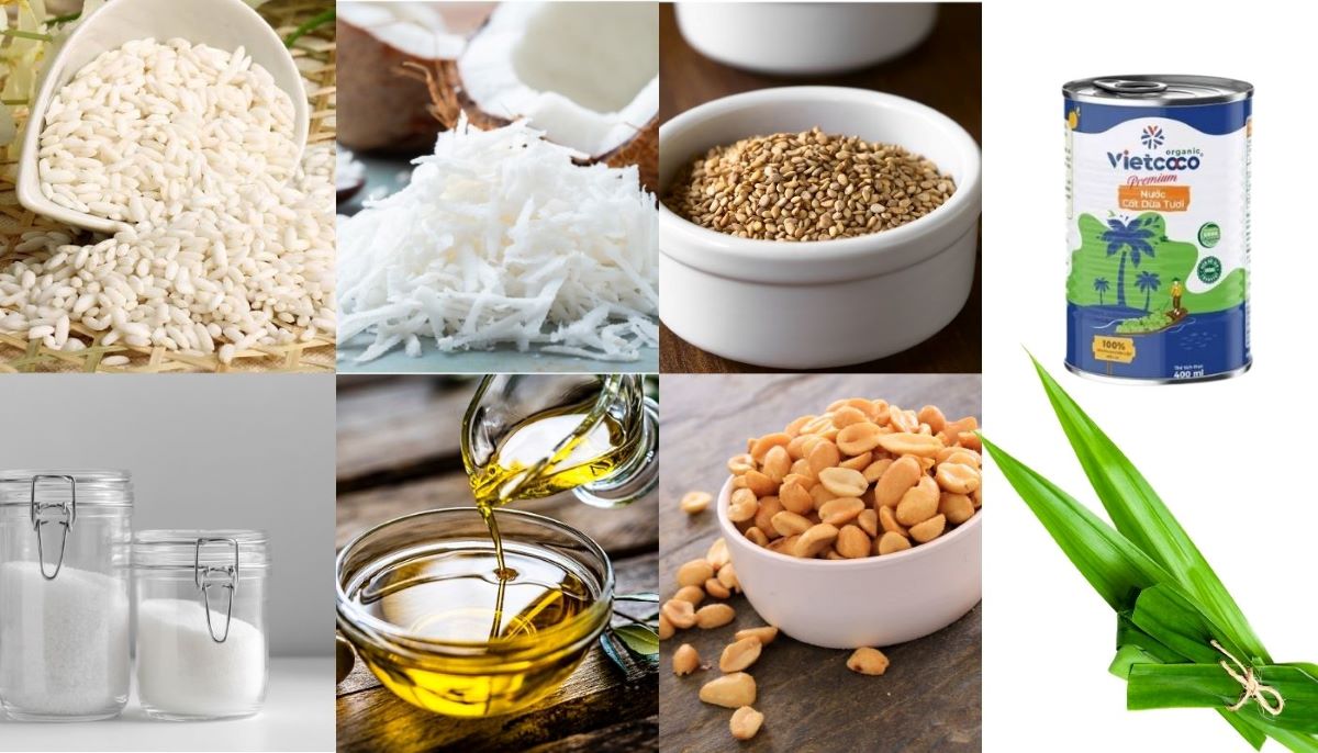 Cách nấu xôi lá dứa bằng nồi cơm điện màu đẹp dẻo ngon 1 Nguyên liệu làm xôi lá dứa bằng nồi cơm điện gồm nếp, lá dứa, nước cốt dừa và đậu phộng (Nguồn: Internet)