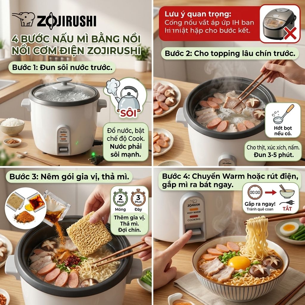 Cách nấu mì bằng nồi cơm điện tiện lợi, không bị nát 2 4 bước nấu mì bằng nồi cơm điện (Nguồn: Internet)