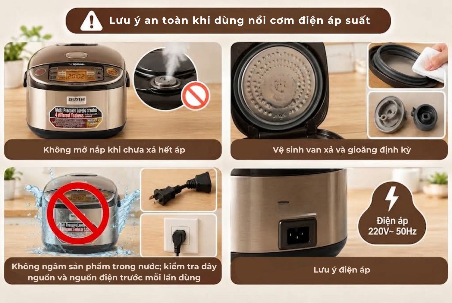 Những lưu ý an toàn bạn nên chú ý khi sử dụng nồi cơm điện áp suất (Nguồn: Internet)