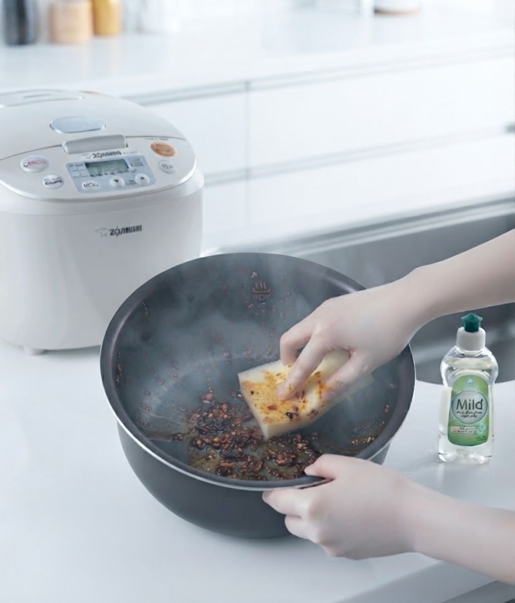 Cách nấu mì bằng nồi cơm điện tiện lợi, không bị nát 3 Rửa lòng nồi khi còn ấm giúp các vết dầu mỡ và gia vị cay dễ được làm sạch (Nguồn: Internet)